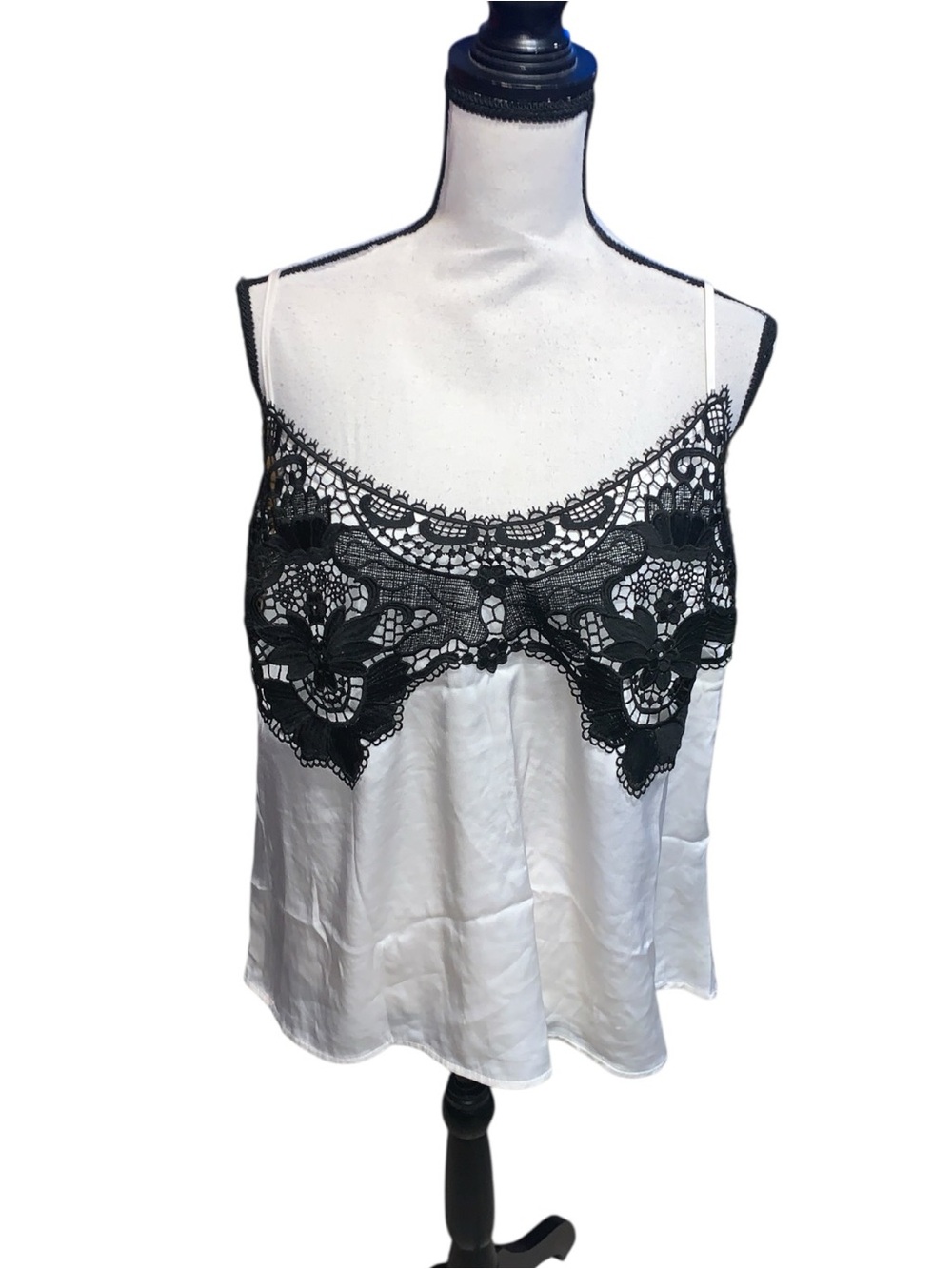 H&M Lace-Trimmed Cami Tank Top Satin Cream Black